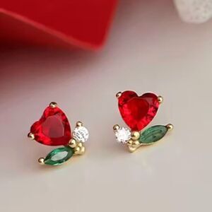 Red Heart Flower Crystal Stud Earrings Valentines Love